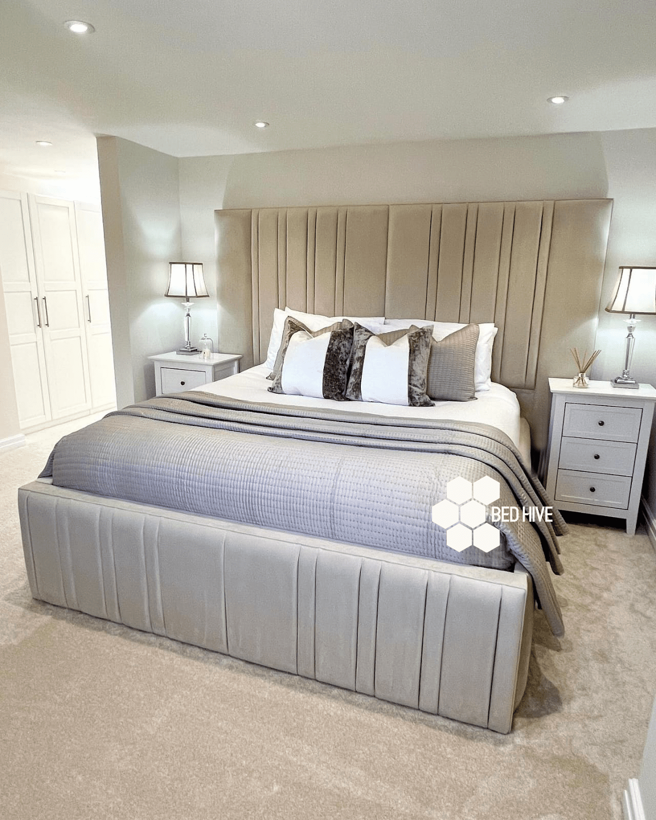 Gemini Wide Extended Headboard Panel Upholstered Stripe Line Chesterfield Bed Frame