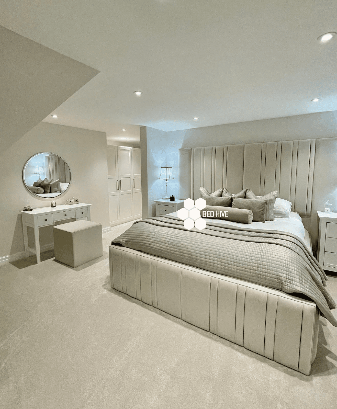 Gemini Wide Extended Headboard Panel Upholstered Stripe Line Chesterfield Bed Frame