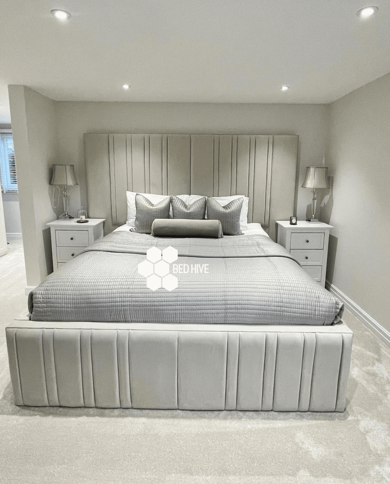 Gemini Wide Extended Headboard Panel Upholstered Stripe Line Chesterfield Bed Frame