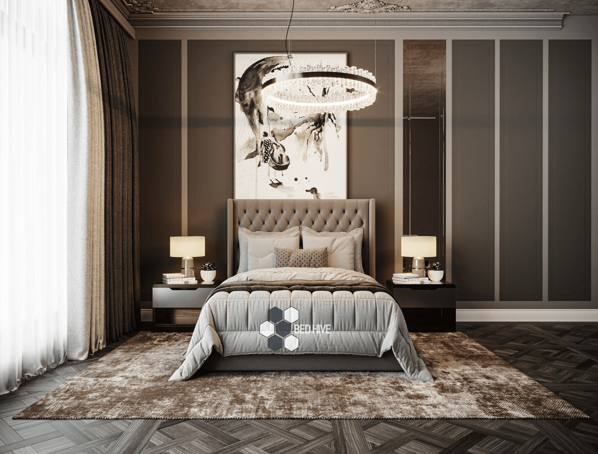 Astro Winged Bed - Bed Hive, winged bed, fabric bed, wingback bed, chesterfield bed, upholstered bed, beautiful bed, bed frame