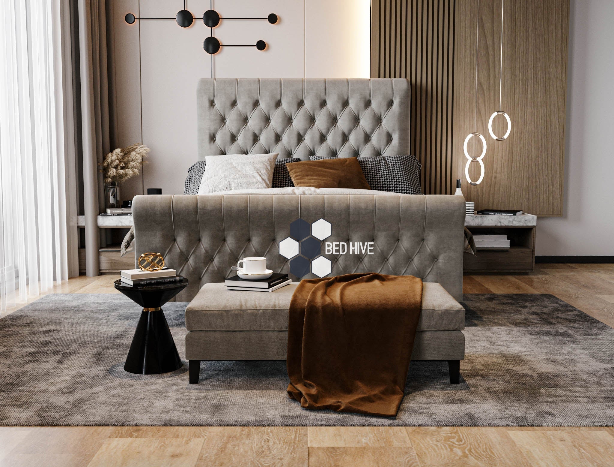 Bellance Chesterfield Sleigh Bed - Bed Hive, sleigh scroll bed, chesterfield upholstered bed, new bed, fabric bed, upholstered bed, bedframe, grey bed