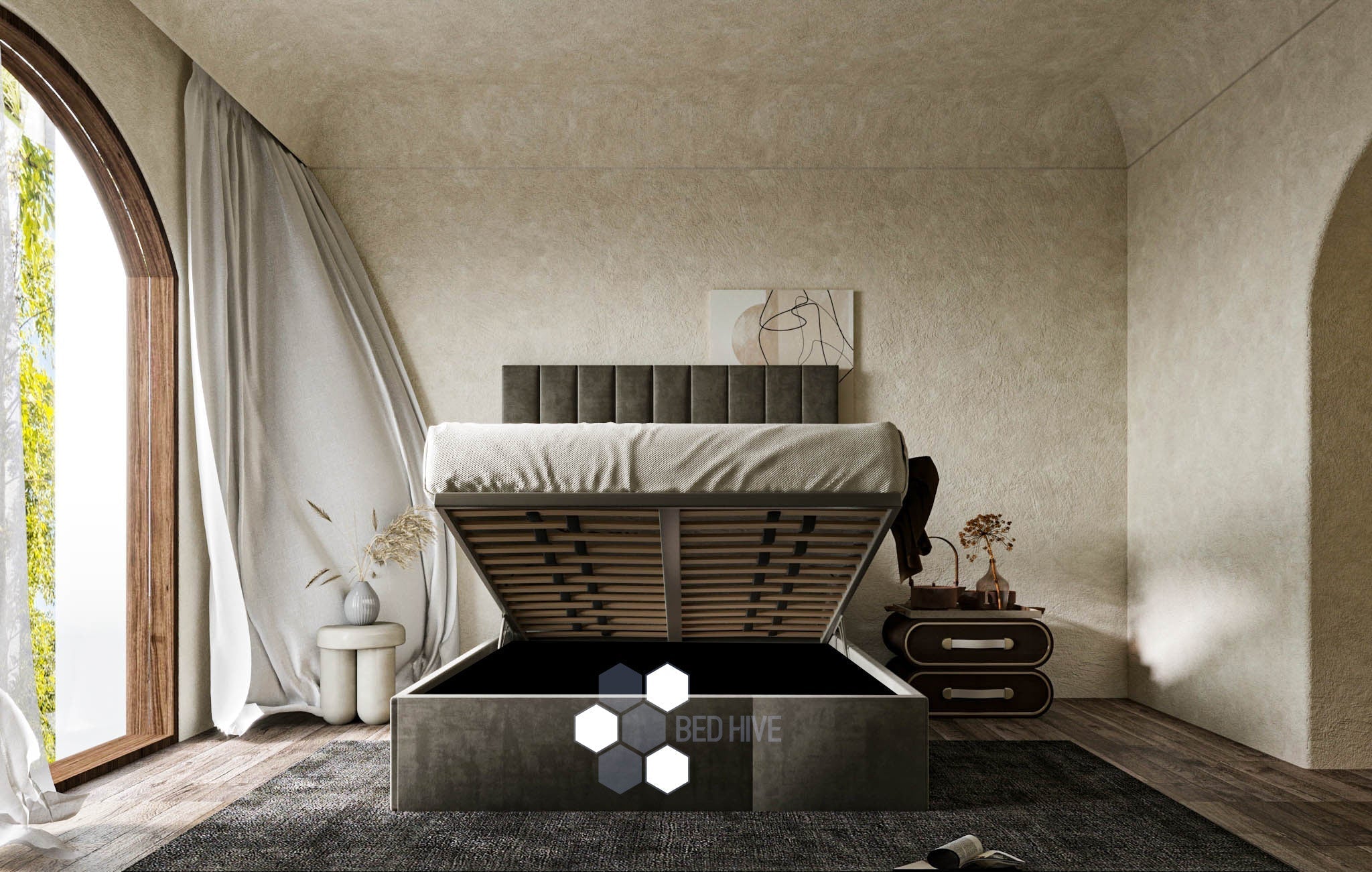 Parker Panel Bed, Stripe Line Bed, Fabric Bed, Upholstered Bed, Chesterfield Fabric Bed, New Bed, Upholstered Bed