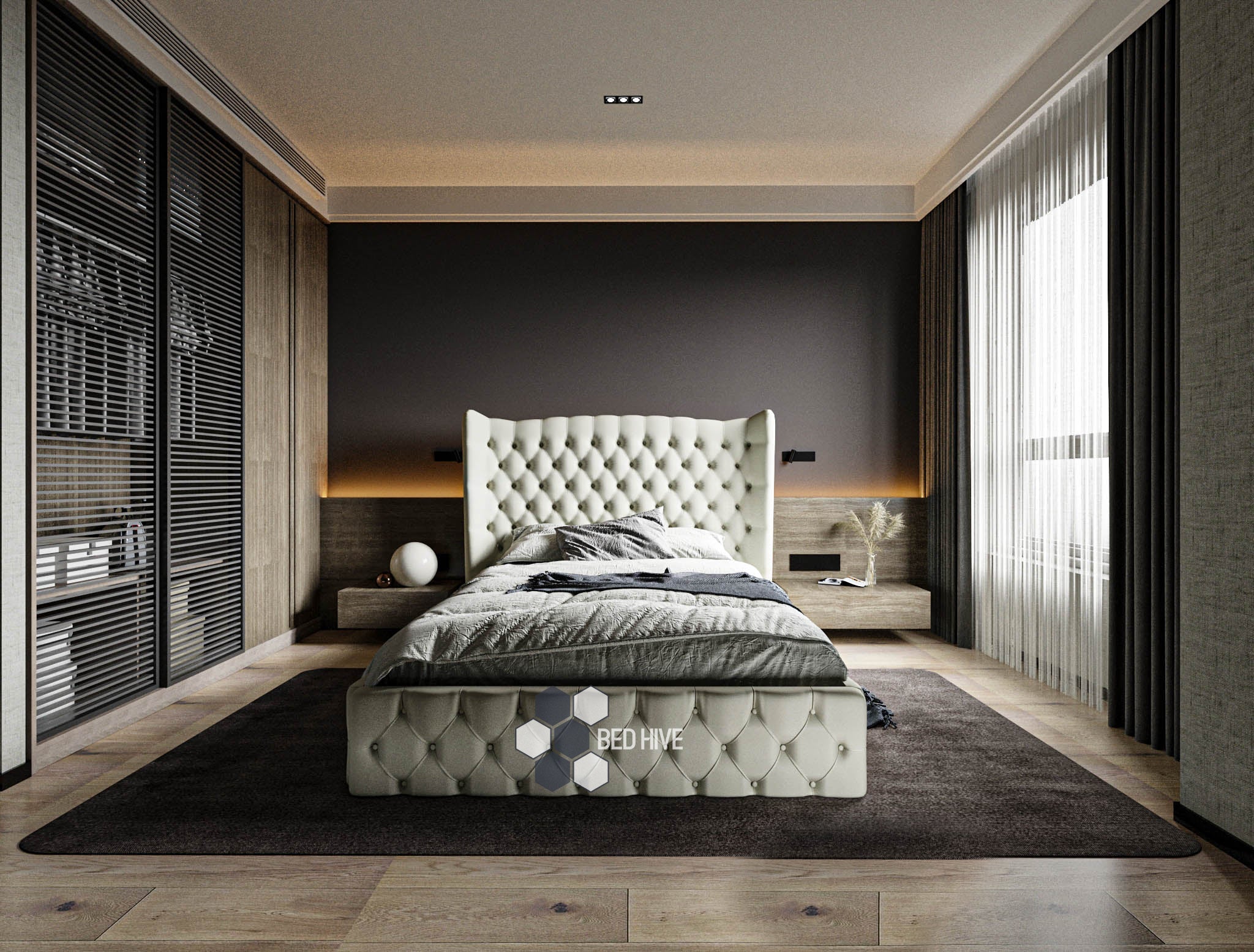 Willow Full Chesterfield Designer Bed, Winged bed, bed frame , chesterfield bed, cream color bed, cream bed, wing back bed, fabric bed, upholstered bed