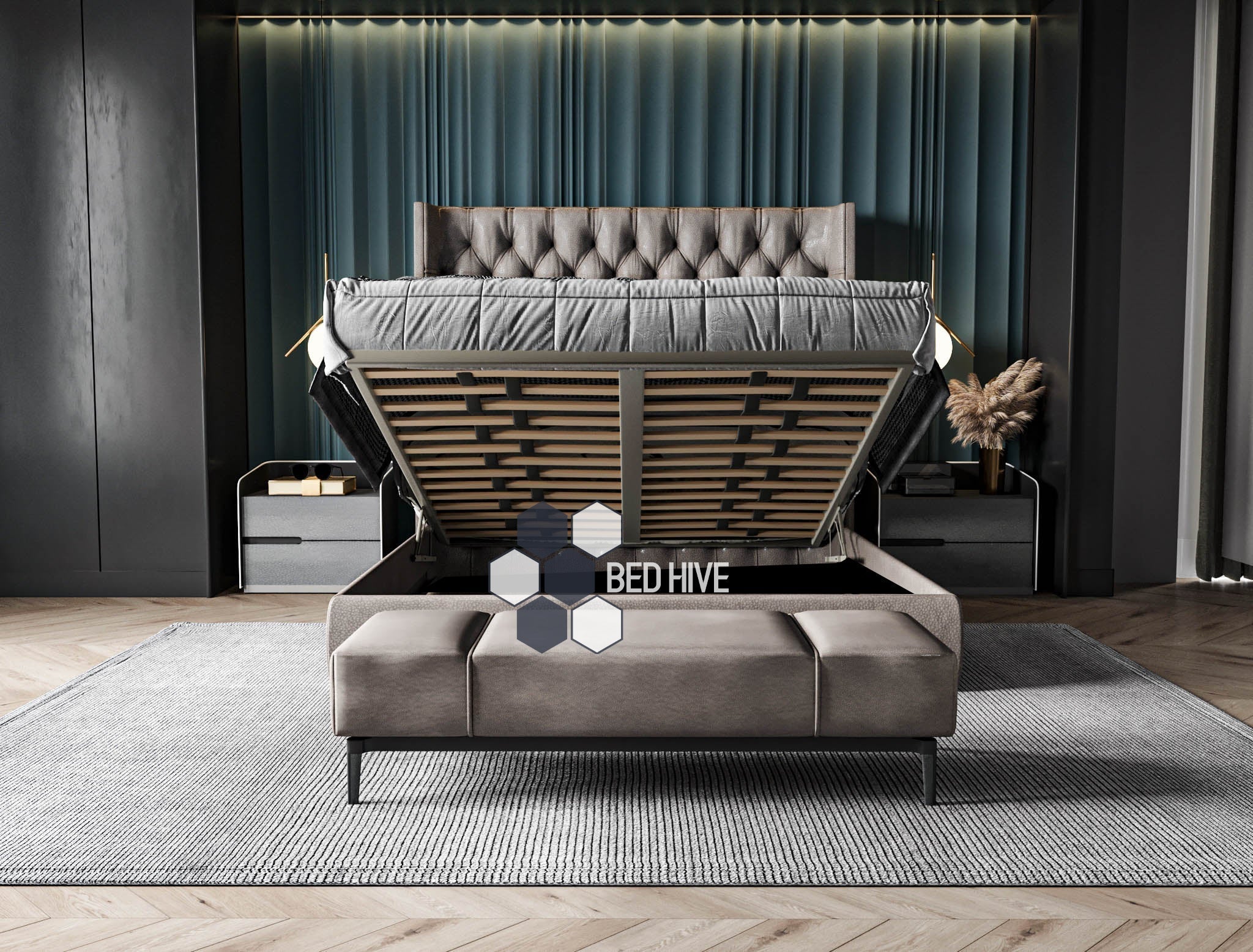 Calibu Winged Tall Wingback Bed Frame, winged bed, new bed, chesterfield bed, bed frame, ambassador bed, wingback bed