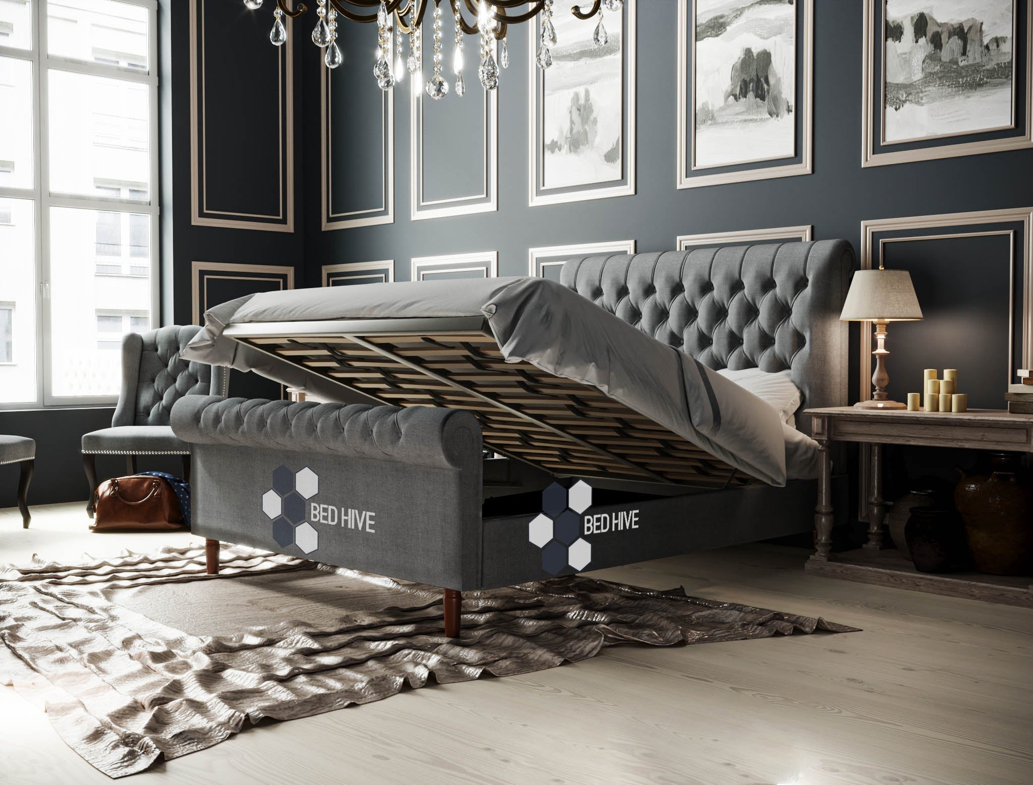 Esty Chesterfield Sleigh Bed, Sleigh Bed, Chesterfield bed, sleigh scroll bed, ottoman gas lift bed, underbed storage, chesterfield bed, Grey fabric bed, grey bed