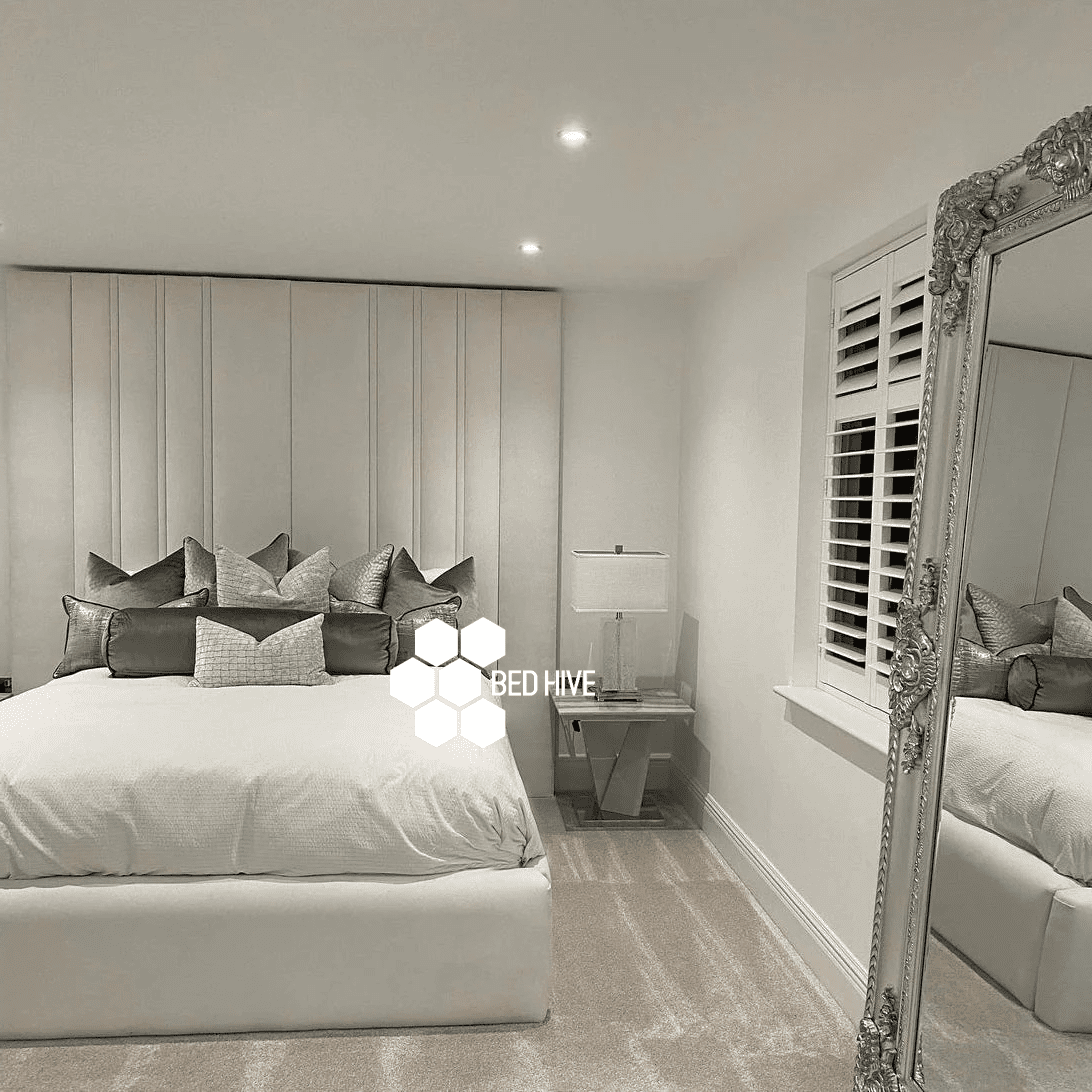 Santorini Wide Extended Headboard Panel Upholstered Stripe Line Chesterfield Bed Frame