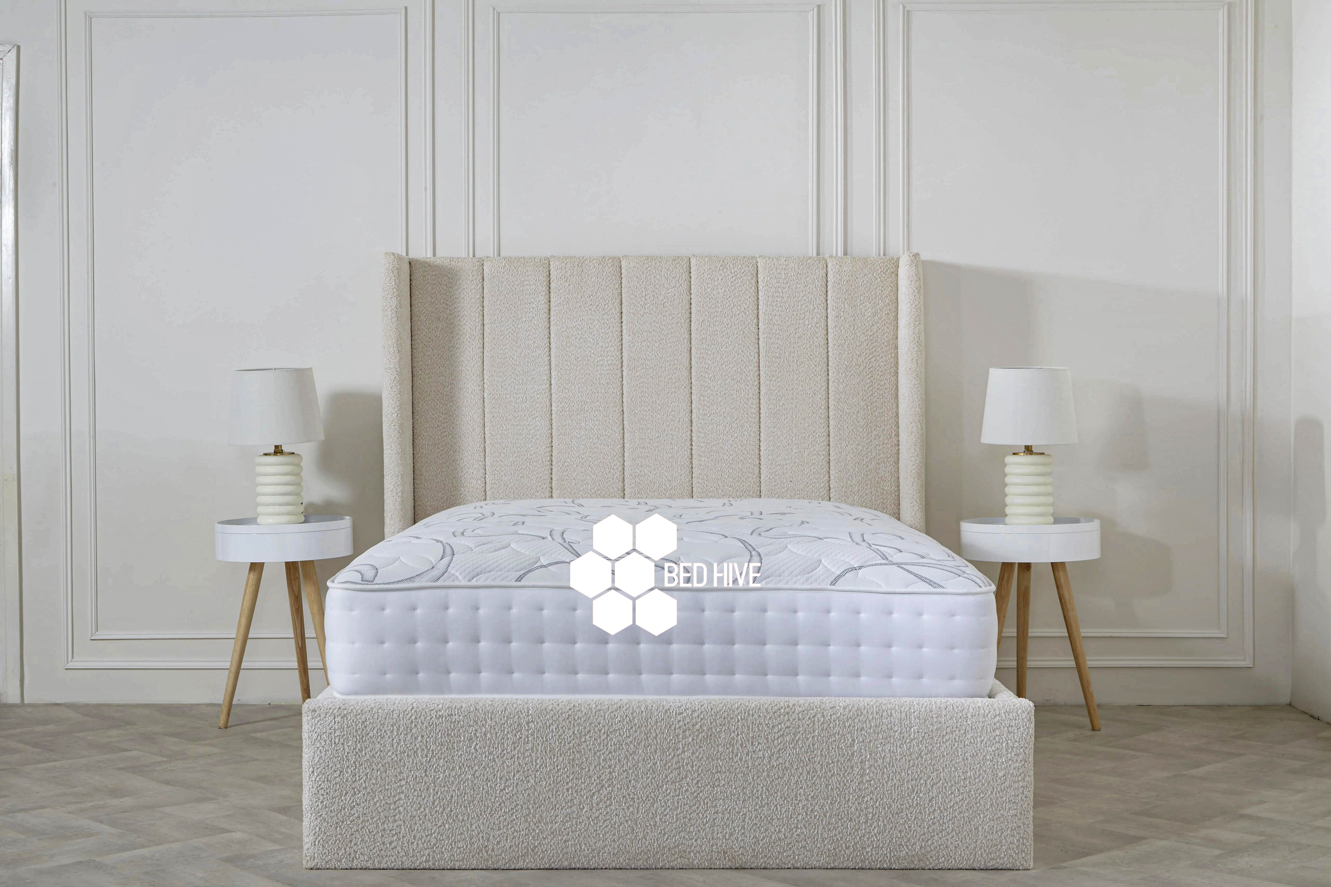 Kimberly Cream Boucle Teddy Fabric Chesterfield Winged Stripe Panel Lines Bed