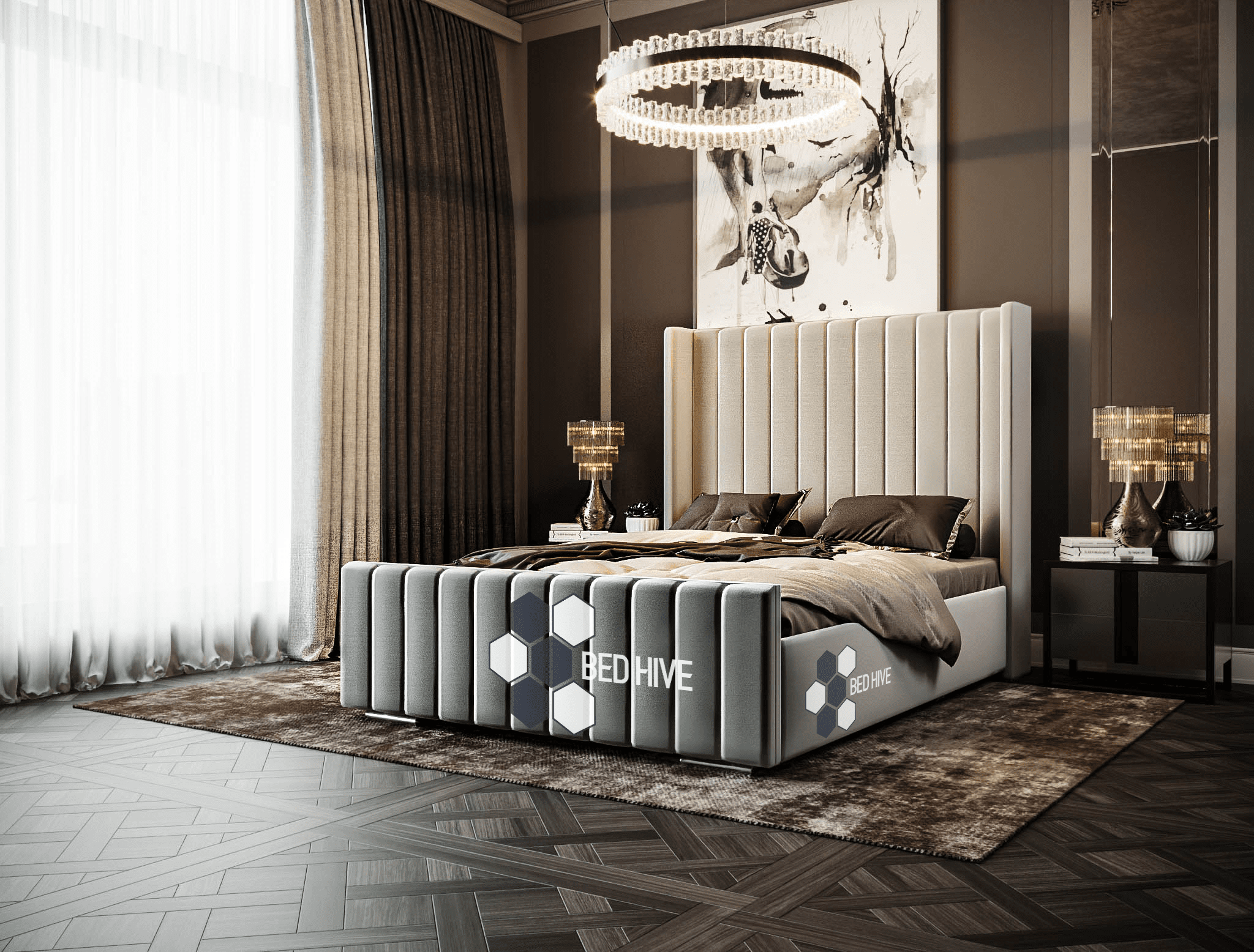 Mason Tall Headboard Winged Bed Stripe Panel Bed, winged bed, panel bed, chesterfield upholstered bed, new bed