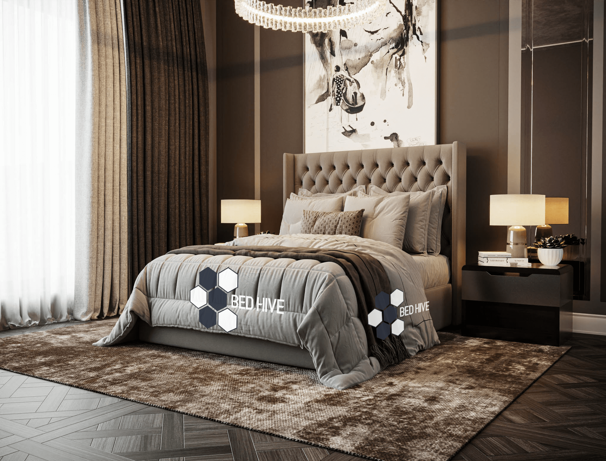 Astro Winged Bed - Bed Hive, winged bed, fabric bed, wingback bed, chesterfield bed, upholstered bed, beautiful bed, bed frame