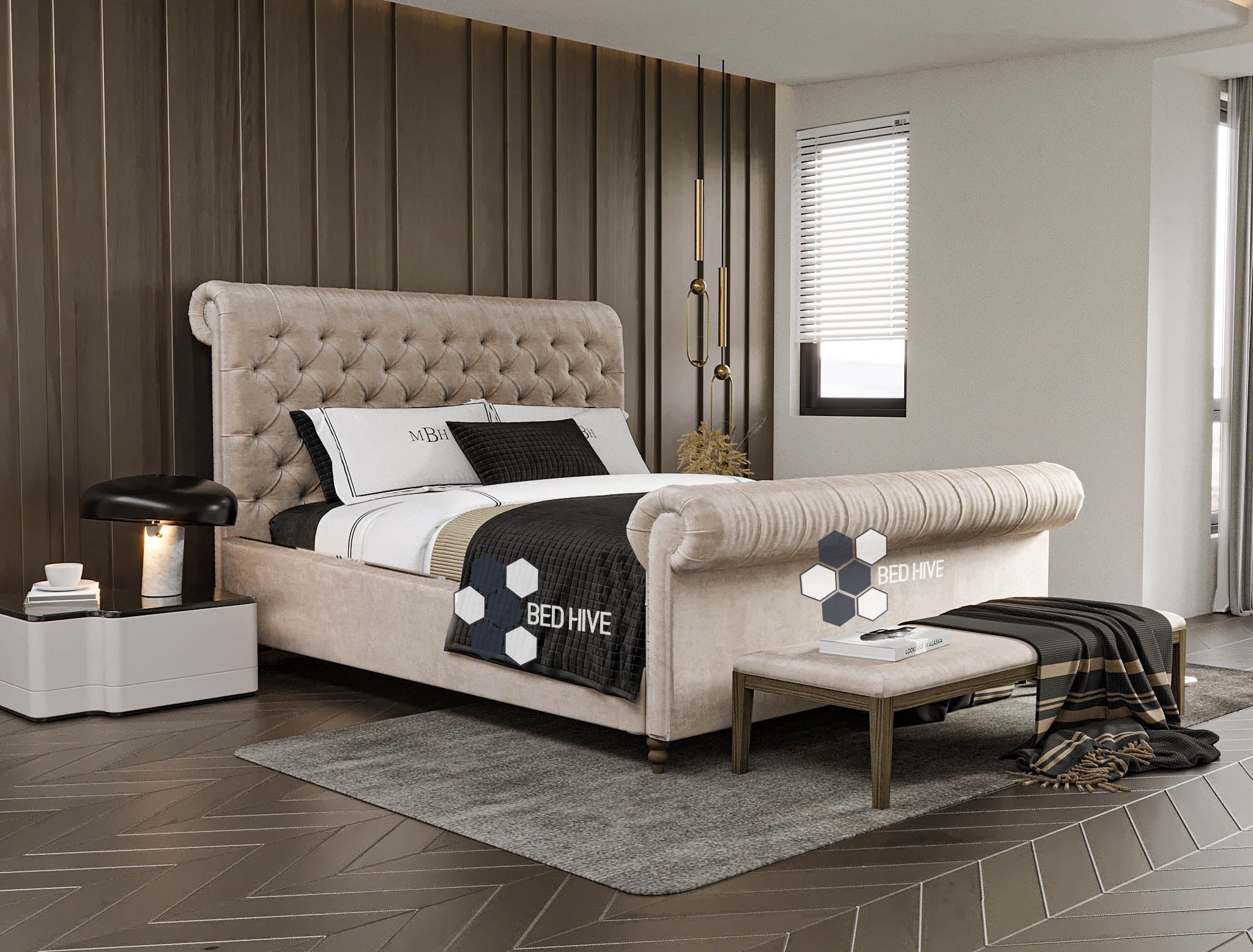 Adria Chesterfield Sleigh Bed - Bed Hive Sleigh bed, scroll sleigh bed, chesterfield bed, cream fabric bed