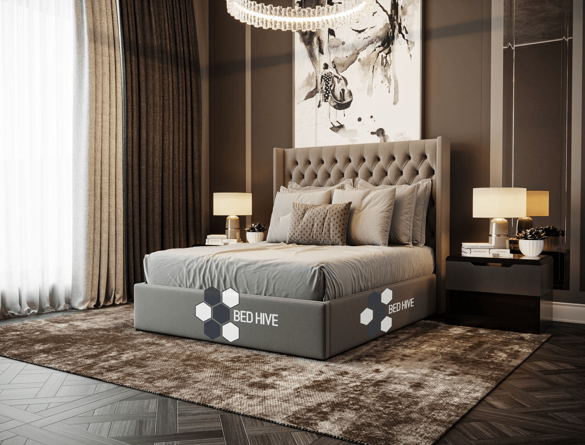Astro Winged Bed - Bed Hive, winged bed, fabric bed, wingback bed, chesterfield bed, upholstered bed, beautiful bed, bed frame