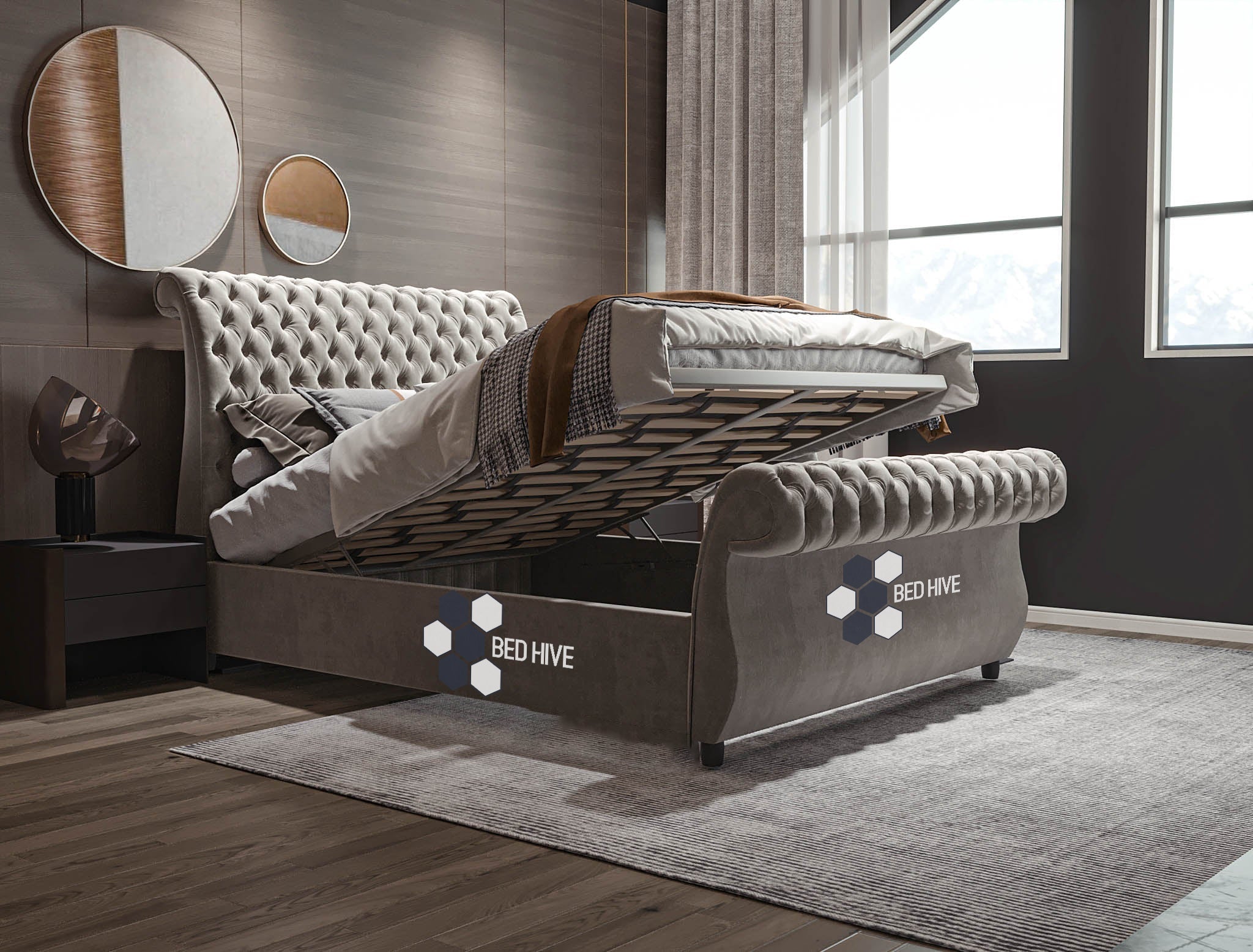 Chesterfield Fabric Upholstered Swan Sleigh Bed