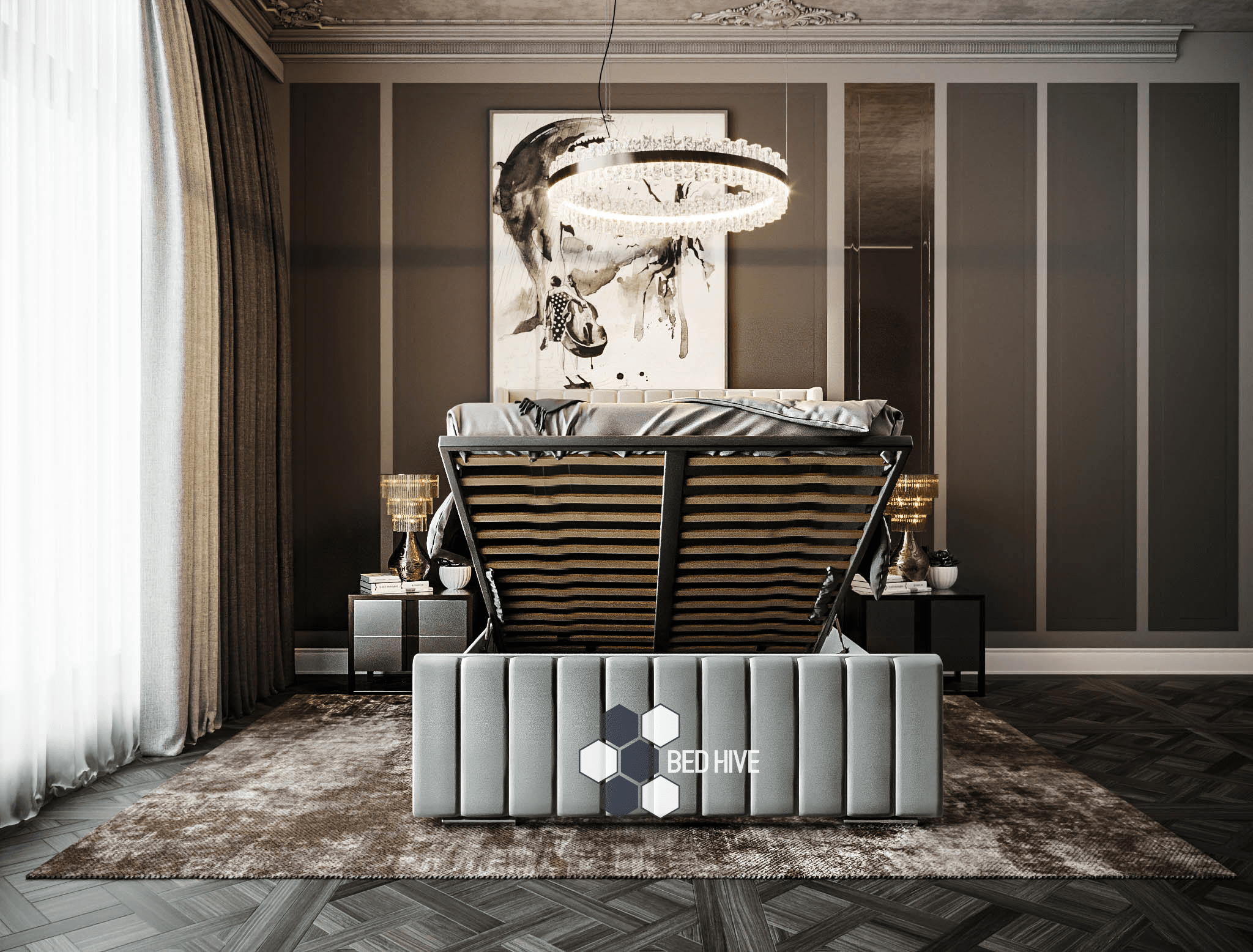 Mason Tall Headboard Winged Bed Stripe Panel Bed, winged bed, panel bed, chesterfield upholstered bed, new bed