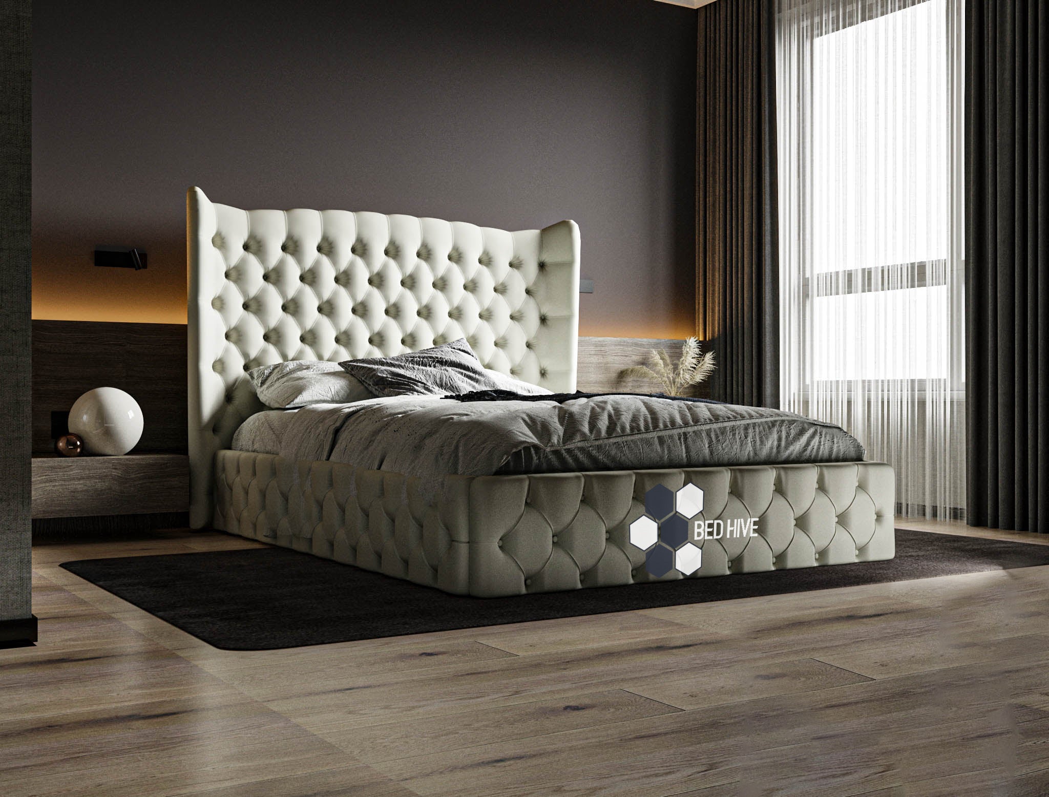 Willow Full Chesterfield Designer Bed, Winged bed, bed frame , chesterfield bed, cream color bed, cream bed, wing back bed, fabric bed, upholstered bed