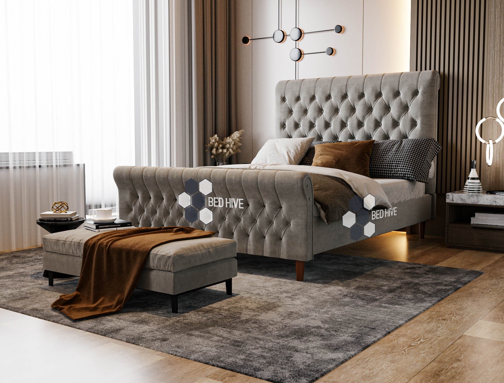 Bellance Chesterfield Sleigh Bed - Bed Hive, sleigh scroll bed, chesterfield upholstered bed, new bed, fabric bed, upholstered bed, bedframe, grey bed