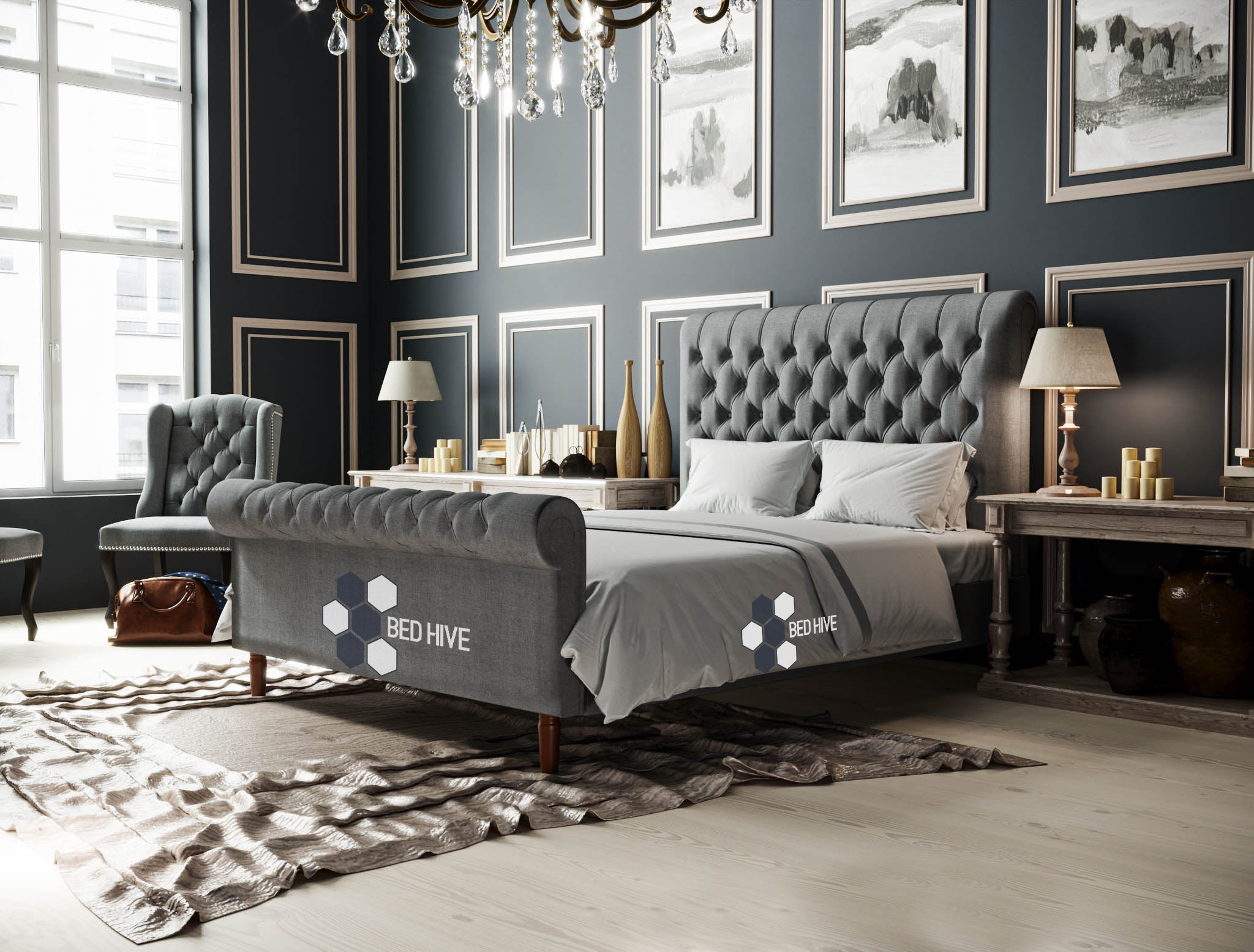 Esty Chesterfield Sleigh Bed, Sleigh Bed, Chesterfield bed, sleigh scroll bed, ottoman gas lift bed, underbed storage, chesterfield bed, Grey fabric bed, grey bed