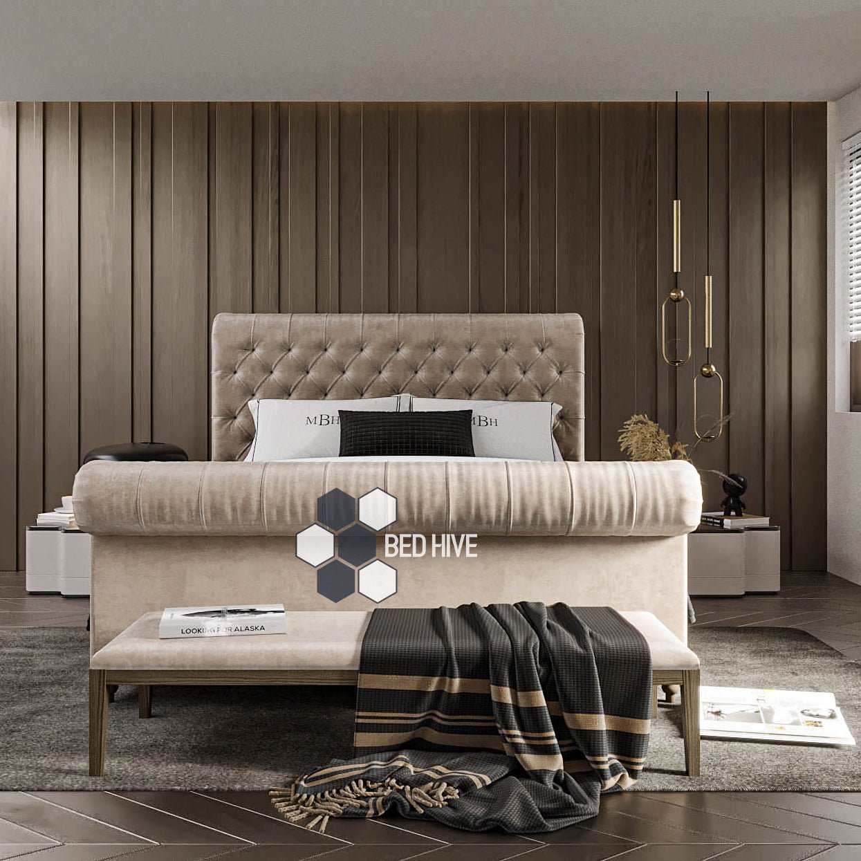 Adria Chesterfield Sleigh Bed - Bed Hive Sleigh bed, scroll sleigh bed, chesterfield bed, cream fabric bed