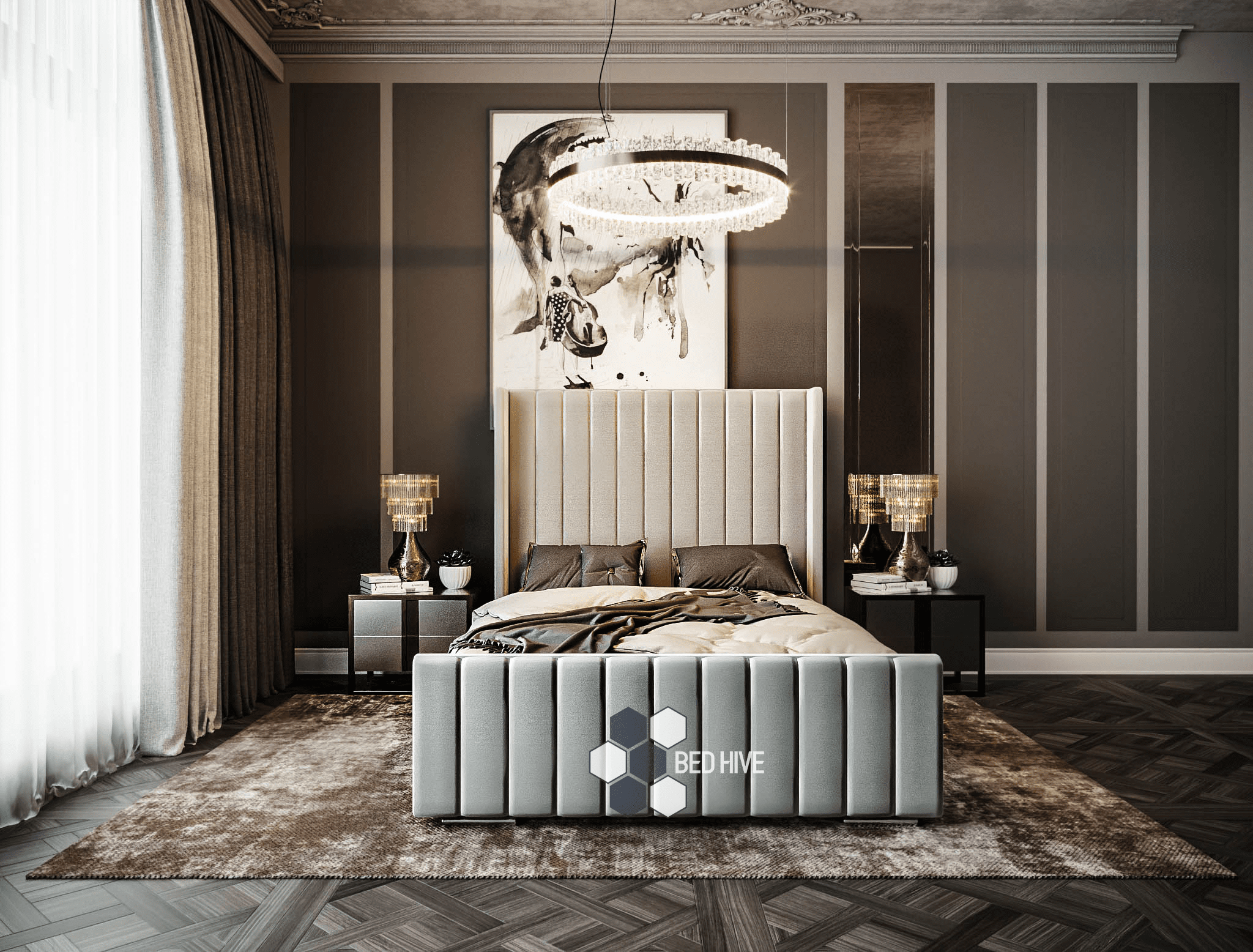 Mason Tall Headboard Winged Bed Stripe Panel Bed, winged bed, panel bed, chesterfield upholstered bed, new bed