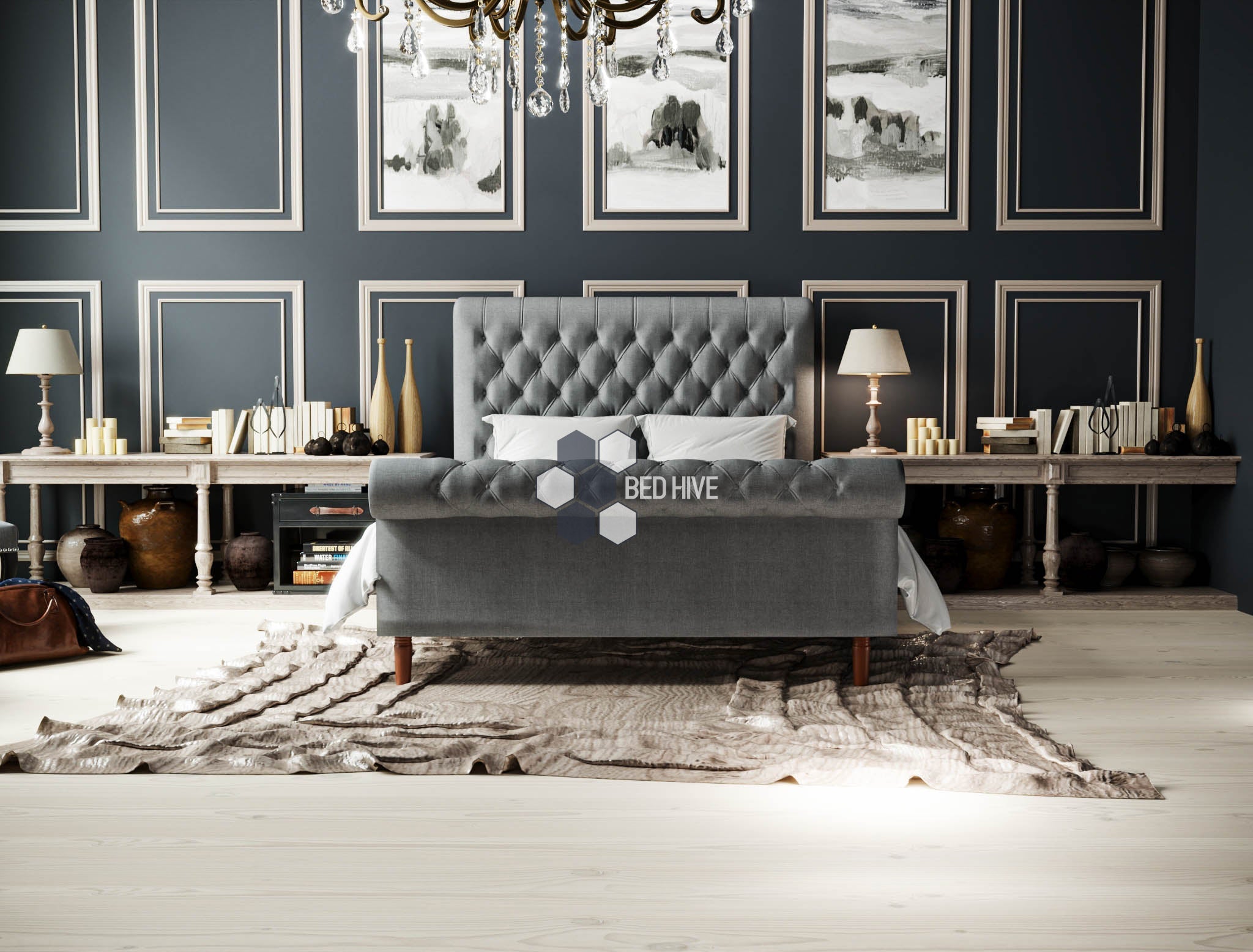 Esty Chesterfield Sleigh Bed, Sleigh Bed, Chesterfield bed, sleigh scroll bed, ottoman gas lift bed, underbed storage, chesterfield bed, Grey fabric bed, grey bed