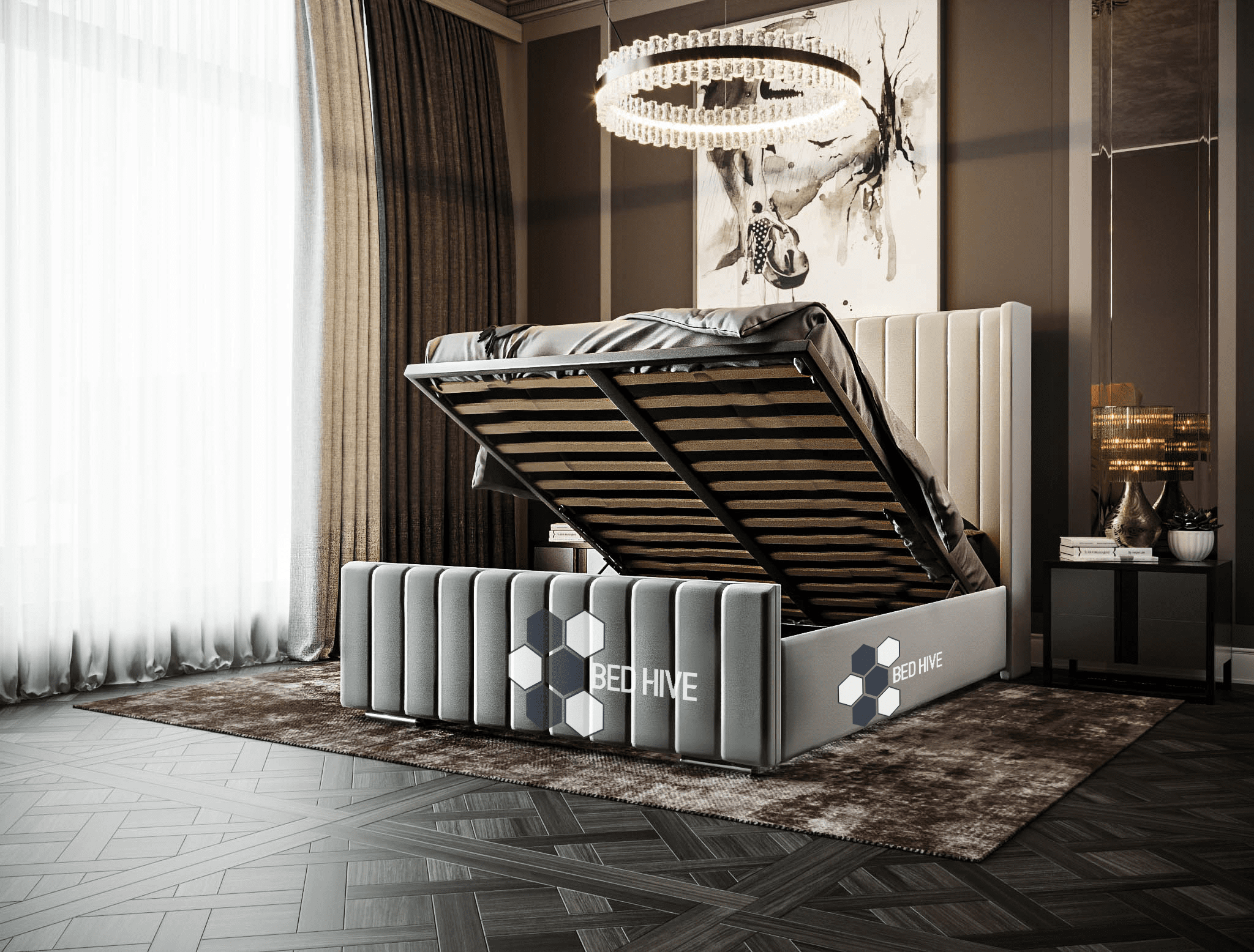 Mason Tall Headboard Winged Bed Stripe Panel Bed, winged bed, panel bed, chesterfield upholstered bed, new bed